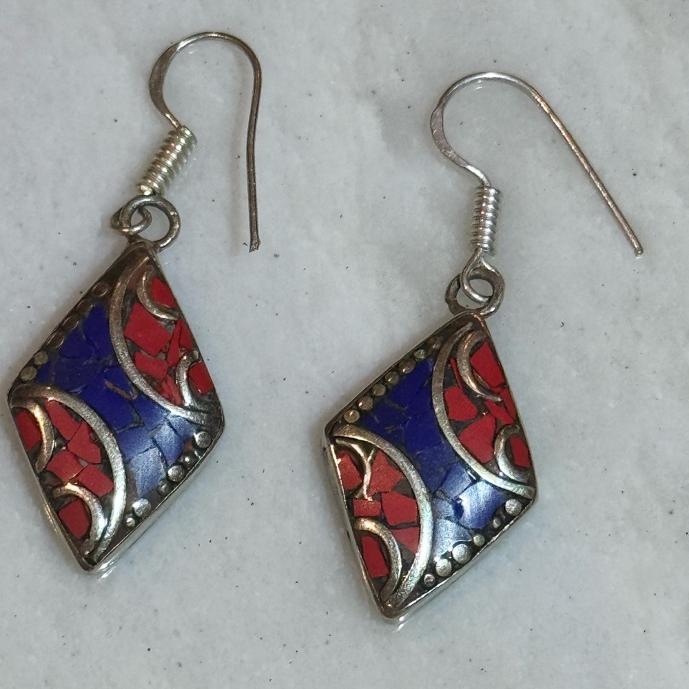Handcrafted Red Coral & Blue Lapis Earrings - Picture 5 of 6